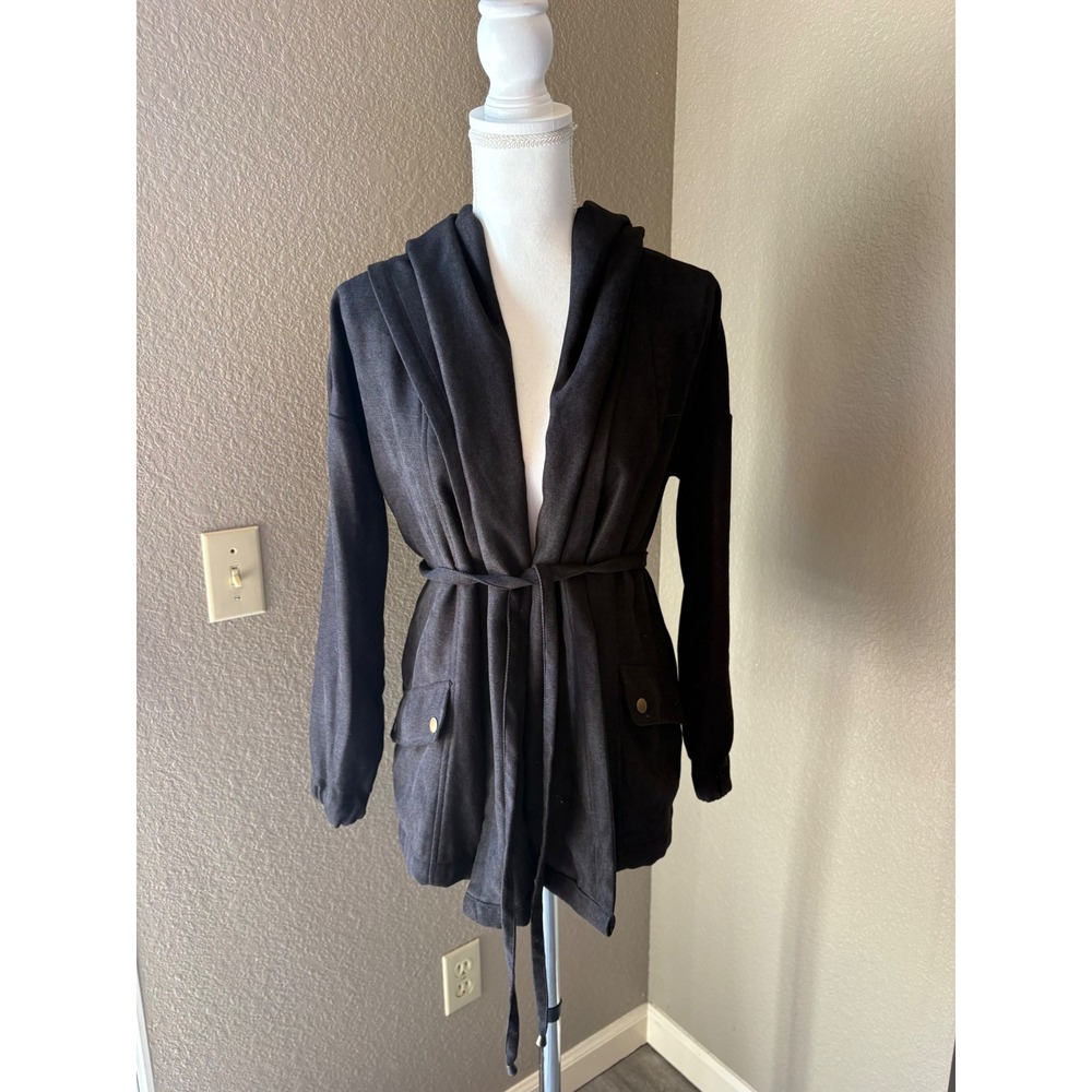 HYFVE‎ Womens Black Hooded Tie Waist Drape Front Jacket Small